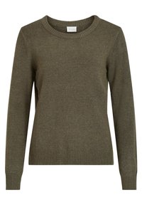 Olivenfarbener Strickpullover mit langen Ärmeln, runder Ausschnitt und gerippten Bündchen sowie Saum, mit dem Label "VILA" im Kragen.