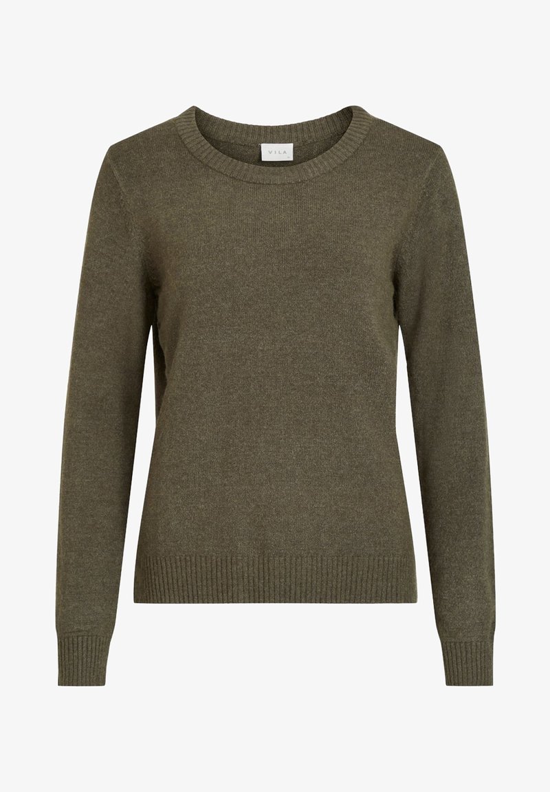 Olivenfarbener Strickpullover mit langen Ärmeln, runder Ausschnitt und gerippten Bündchen sowie Saum, mit dem Label "VILA" im Kragen.