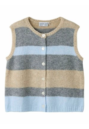 Ärmellose, gestrickte Weste mit Knöpfen und horizontalen Streifen in Beige, Grau und Hellblau.
