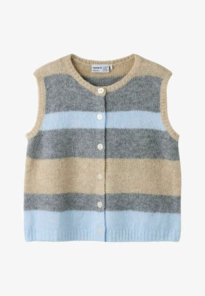 Ärmellose, gestrickte Weste mit Knöpfen und horizontalen Streifen in Beige, Grau und Hellblau.