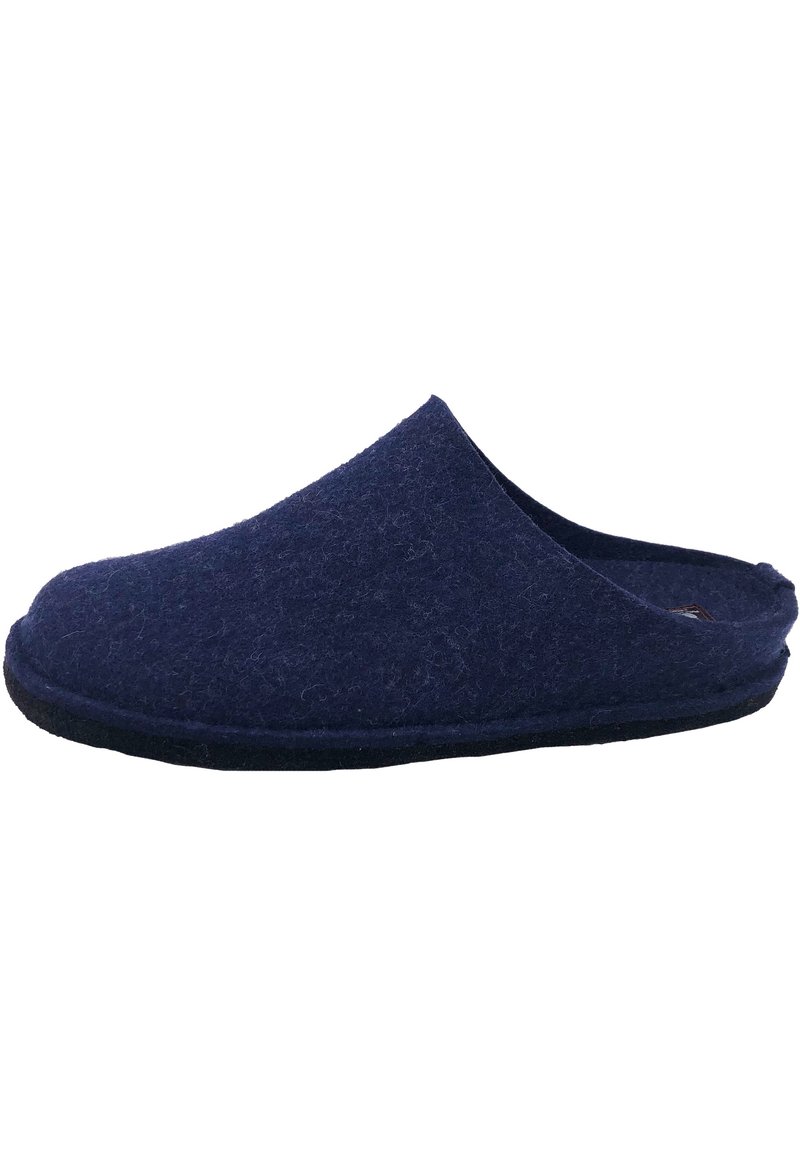 Pantofole di feltro blu navale con un design elegante, apertura sul retro, punta arrotondata e tessuto texturizzato. Suola morbida con accenti di cuciture minime.