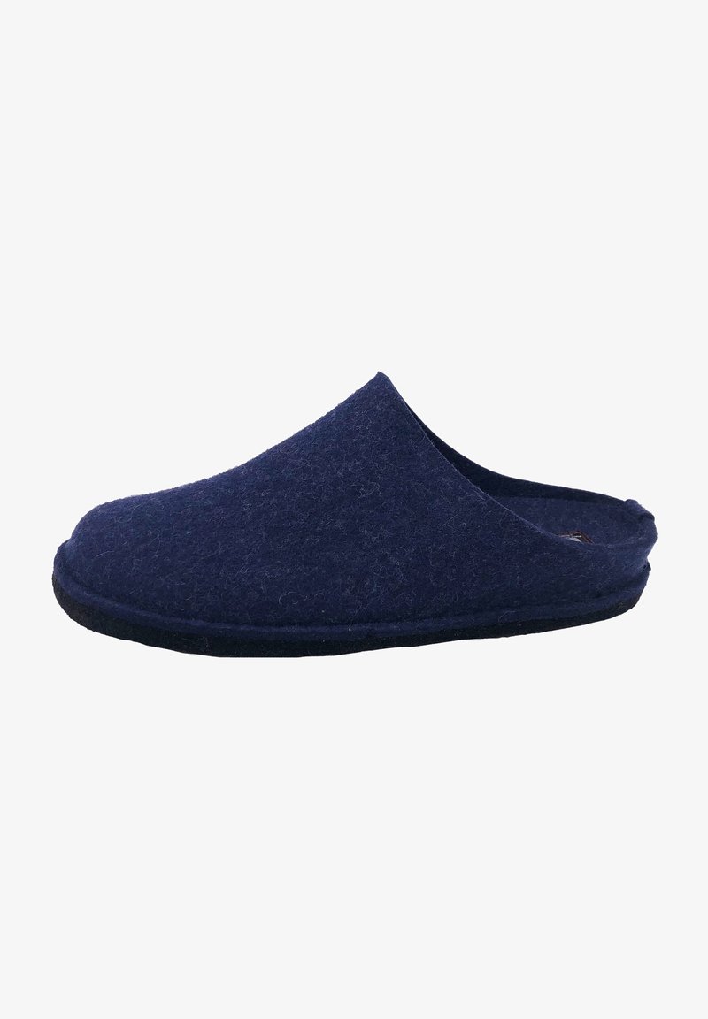 Pantofole di feltro blu navale con un design elegante, apertura sul retro, punta arrotondata e tessuto texturizzato. Suola morbida con accenti di cuciture minime.