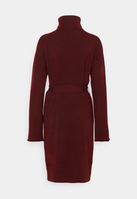 Robe en tricot bordeaux avec un col haut, une taille ceinturée et des manches longues, présentant une coupe droite et une texture douce.