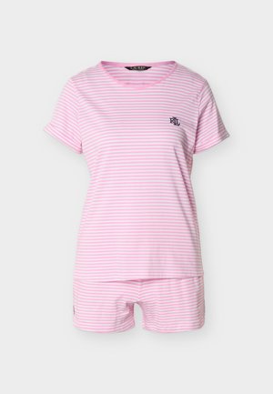 Set de pijamale cu dungi orizontale roz și albe, format din tricou cu mâneci scurte și pantaloni scurți asortați, având un mic logo brodat pe piept.