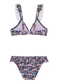 Diviņš bikini ar tumši zilu ziedu rakstu, ar volānu siksnām un jostas joslu, izgatavots no elastīga auduma. Akcentēts ar purpura aizdari.