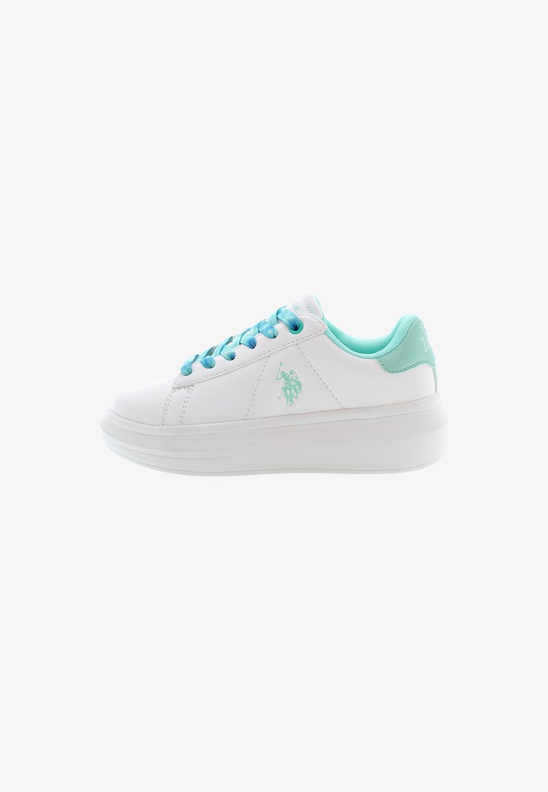 Hvide sneakers med turkise detaljer, glat syntetisk materiale, rund tå, flad sål og snørelukning med blå snørebånd. Logo på siden.