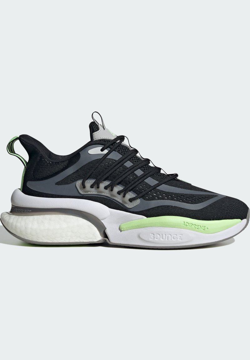 Sneaker noir avec tige en mesh, superpositions grises, accents verts et une semelle blanche rembourrée arborant les marquages "Bounce" et "Adiprene".