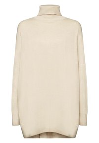 Kremowy sweter z golfem, miękka dzianina, luźny krój, opadające ramiona oraz asymetryczny dół z bocznymi rozcięciami dla swobodnego dopasowania.