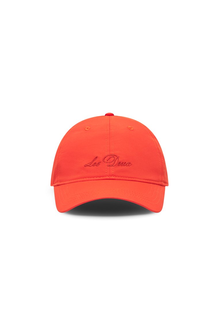 Adjustable orange baseball cap made of cotton, featuring a curved brim and embroidered text on the front, smooth texture, and six-panel design.