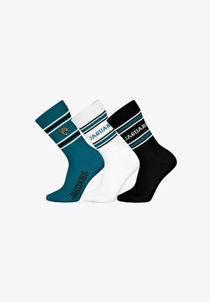 Drei Paare von Sportsocken: türkis mit Logo und "JAGUARS", weiß mit Streifen und Text, schwarz mit Streifen und Text. Gerippte Textur.