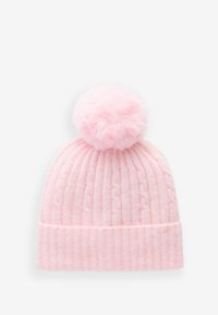 Strickmütze in Rosa mit gerippter Textur, ausgestattet mit einem großen flauschigen Pom-Pom an der Oberseite. Hergestellt aus weichem Material, geeignet für kaltes Wetter.