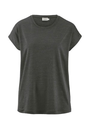 Donkergrijze kortebloemige t-shirt met ronde hals, met een losse pasvorm en een klein merkje in de nek.
