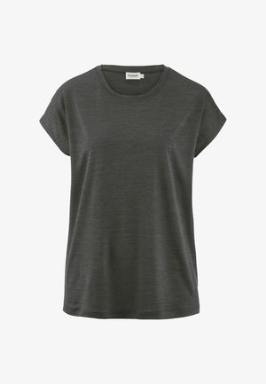 Donkergrijze kortebloemige t-shirt met ronde hals, met een losse pasvorm en een klein merkje in de nek.