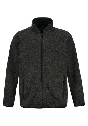 Dunkelgraue Fleecejacke mit hohem Kragen, durchgehendem Reißverschluss und zwei Seitentaschen. Verfügt über ein strukturiertes Muster und Raglanärmel.