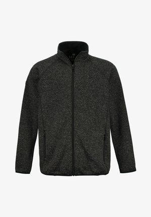 Dunkelgraue Fleecejacke mit hohem Kragen, durchgehendem Reißverschluss und zwei Seitentaschen. Verfügt über ein strukturiertes Muster und Raglanärmel.