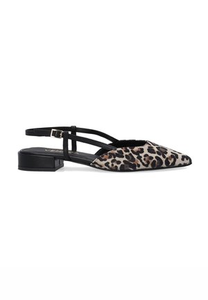 Pointed-toe slingback shoes in leopard print fabric, featuring black straps and a low block heel, with a textured surface.