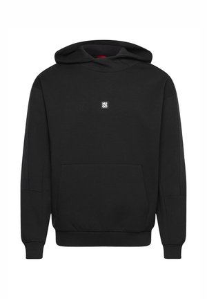 Schwarzer Hoodie mit einer vorderen Kängurutasche und kleinem, zentriertem "HUGO"-Logo auf der Brust.