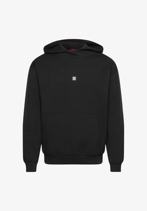 Black hoodie with front kangaroo pocket and small centered "HUGO" logo on chest.