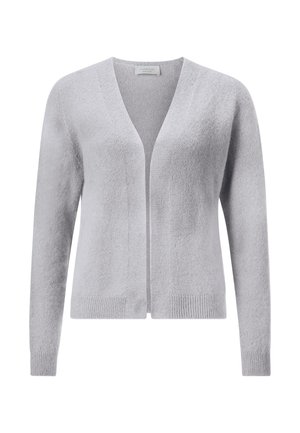 Light gray cardigan with a deep V-neck, open front, long sleeves, ribbed cuffs and hem, plus a soft, textured fabric.