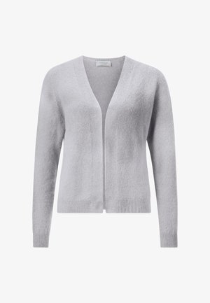 Helle graue Strickjacke mit tiefem V-Ausschnitt, offener Vorderseite, langen Ärmeln, gerippten Bündchen und Saum sowie einem weichen, strukturierten Stoff.