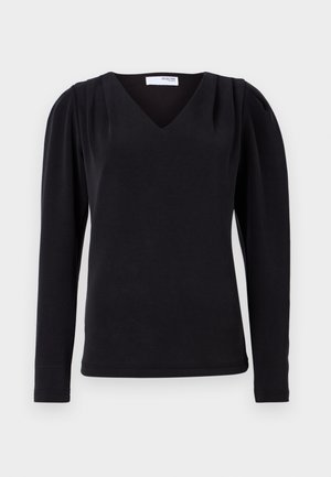 Svart langermet topp med V-hals, med rynkede skulderdetaljer og slim fit. Laget av et mykt, strukturert stoff.