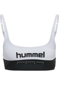 Sportbh i vitt och svart. Tillverkad av sträckbart material med justerbara band. Har en framträdande "hummel"-logotyp och text på bandet.