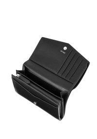 Portafoglio in pelle nera con design a pieghe, multiple fessure per carte, un compartimento con zip e una chiusura a scatto per la sicurezza.