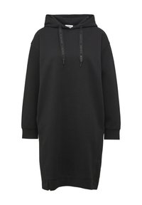Schwarzes Kapuzensweatkleid aus weichem Material, mit langen Ärmeln, einem lockeren Schnitt und verstellbarem Kordelzug am Dekolleté.