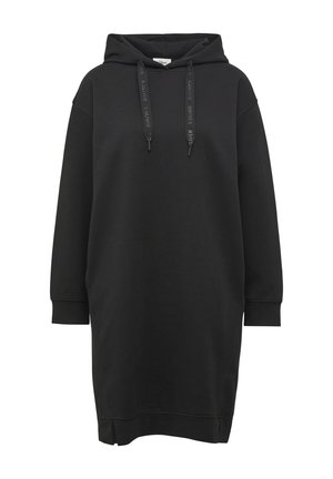 Zwarte hoodie-jurk gemaakt van zachte stof, met lange mouwen, een relaxte pasvorm en een verstelbare trekkoord bij de hals.