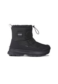 Černá zimní bota s izolací vyrobená z textilu s gumovou podrážkou. Obsahuje nařasený manžet a stahovací šňůrku pro nastavitelnou velikost. Ploché, texturované zploštění.