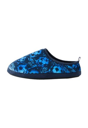 Single navy blue slipper with blue soccer ball patterns and black sole, designed for indoor use.