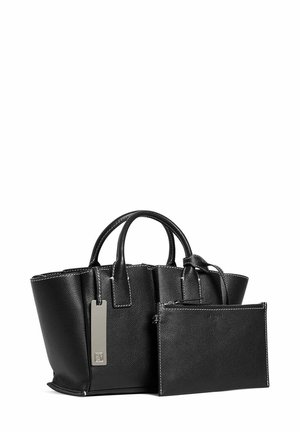 Black leather handbag with textured surface, dual handles, and contrasting white stitching. Includes a matching zippered pouch.