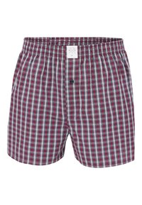Shorts en boxeur avec un motif à carreaux rouge et marine, une taille élastique, une fermeture à bouton unique et un matériau en coton doux.