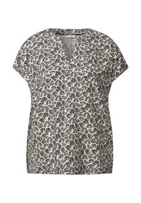 Top corto a maniche corte bianco e nero con scollo a V, caratterizzato da un motivo foglioso su uno sfondo chiaro, realizzato in un tessuto morbido e con una vestibilità comoda.
