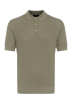 Polo s krátkým rukávem v olivově zelené barvě, s texturovaným ribbovaným designem, tříbuttonovou légou a klasickým límečkem. Bezešvé pletení na lemu.