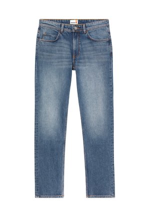 Blauwe denim jeans met een rechte pijp, met een klassieke vijf-pocket ontwerp en oranje stikselaccenten. Gladde textuur, medium wassing.