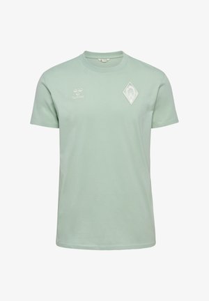 Hellgrünes Baumwoll-T-Shirt mit Rundhalsausschnitt, kurzen Ärmeln und einem rautenförmigen Logo auf der Brust. Schlichtes und einfaches Design.