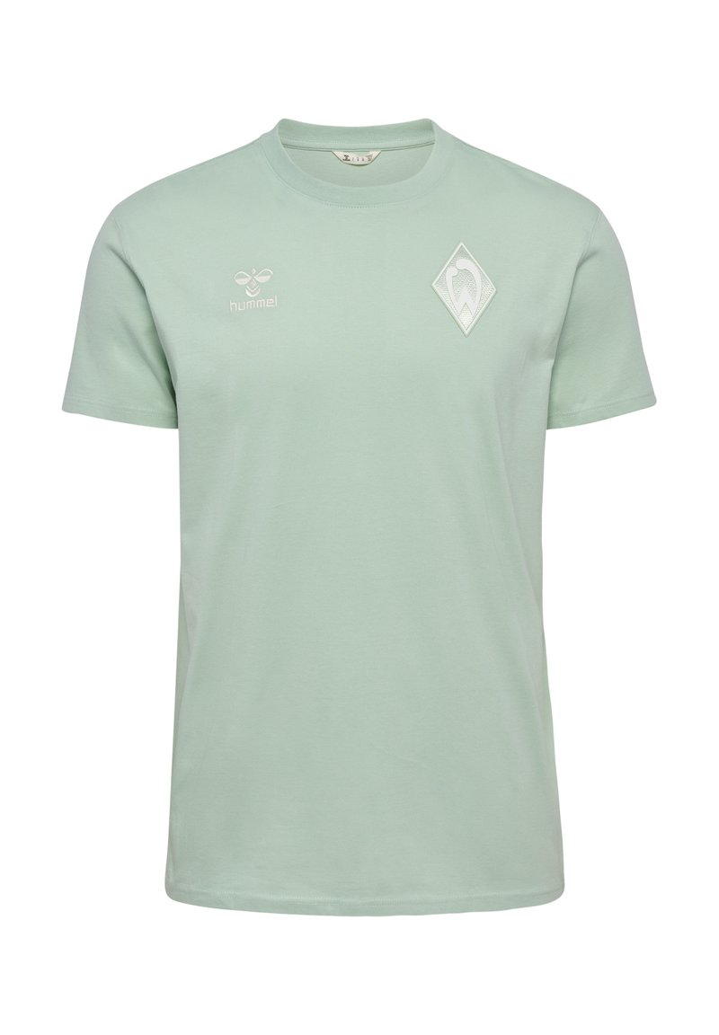 Ljusgrön bomulls-t-shirt med rund halsringning, korta ärmar och en diamantformad logotyp på bröstet. En enkel och ren design.