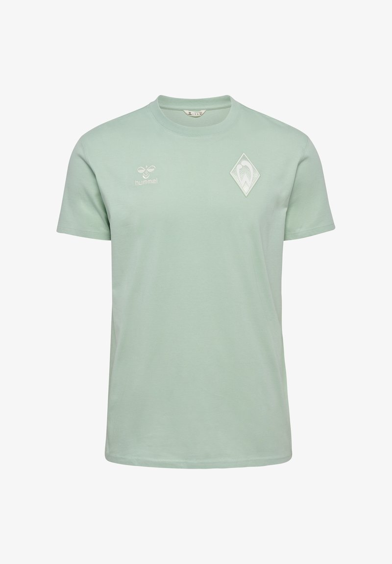 Ljusgrön bomulls-t-shirt med rund halsringning, korta ärmar och en diamantformad logotyp på bröstet. En enkel och ren design.