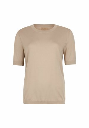 Beżowa koszulka z krótkim rękawem wykonana z miękkiego, gładkiego materiału. Posiada klasyczny okrągły dekolt oraz prążkowane wykończenia rękawów i dołu.