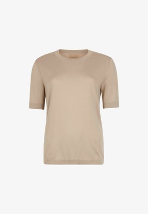 Beżowa koszulka z krótkim rękawem wykonana z miękkiego, gładkiego materiału. Posiada klasyczny okrągły dekolt oraz prążkowane wykończenia rękawów i dołu.