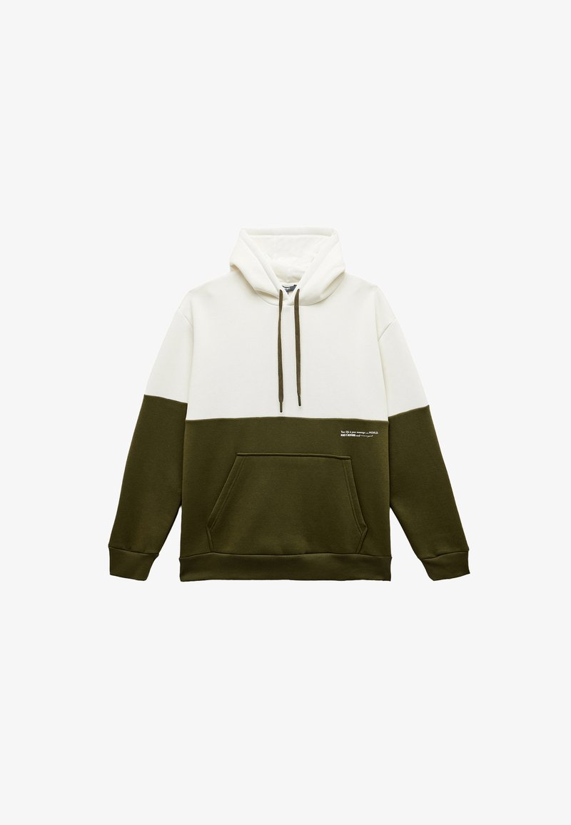 Felpa con cappuccio caratterizzata da blocchi di colore bianco e verde oliva, tasca anteriore, cordini regolabili e polsini a costine.