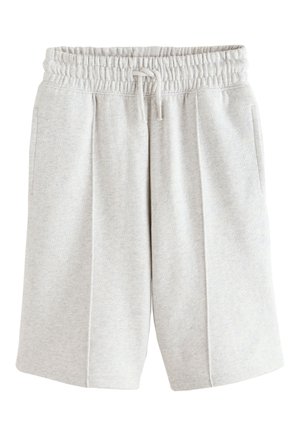 Lysegrå knælange træningsshorts med elastisk taljebånd og snor, med sidelommer og forreste syninger.