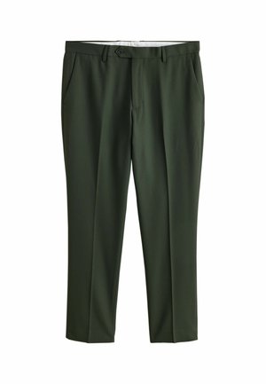 Dunkelgrüne, maßgeschneiderte Hose mit Seitentaschen, Gürtelschlaufen, Knopfverschluss und glatter Vorderseite, auf weißem Hintergrund dargestellt.