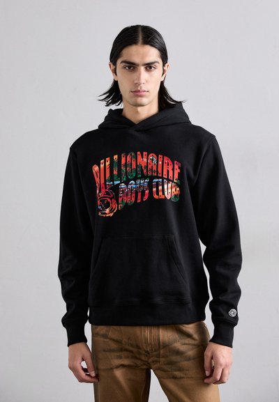 Black hooded sweatshirt with a colorful graphic print reading "Billionaire Boys Club." Features a front pocket and ribbed cuffs.
