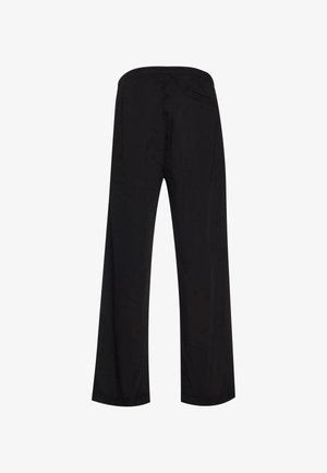 Pantalons larges noirs avec une texture lisse, taille élastique et une poche arrière. Design simple sans motifs visibles ni accessoires.