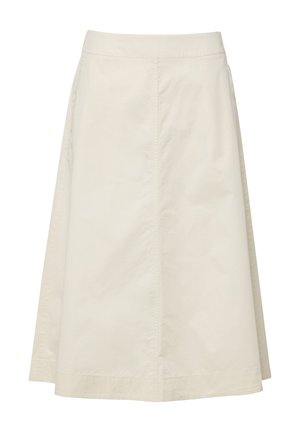 Knee-length beige A-line skirt with a smooth texture and visible vertical seam down the center front.