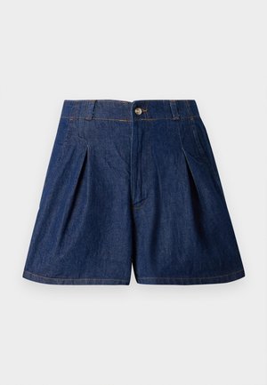 Dunkelblaue Jeansshorts mit Falten, Knopfverschluss und seitlichen Taschen. Sie verfügen über sichtbare Nähte und eine glatte Textur.