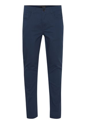Pantaloni elasticizzati blu navy realizzati in un tessuto morbido. Presentano cinque tasche, passanti per la cintura e una chiusura con bottone. Design slim fit.