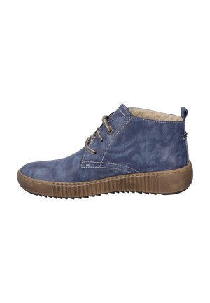 Blue suede ankle boots with a contrasting brown rubber sole, round toe, and lace-up front, featuring stitching accents and a soft interior.